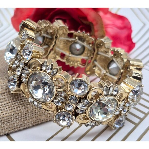 Ann Taylor Gold Tone Chunky Statement Crystal Stretch Bracelet Formal Wide - Picture 5 of 7